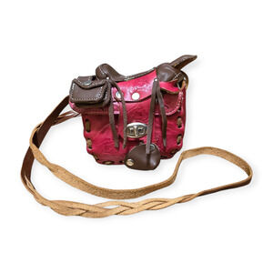 Genuine Leather Red Brown Silver Horse Equestrian Mini Vintage Saddle Bag